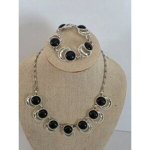 Vintage Sarah Coventry Silver Moon & Black Cabechon Stone Necklace  Bracelet Set